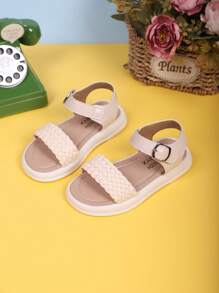1 par de sandalias casuales para niñas con diseño tejido y suela gruesa y suave, adecuadas para niñas de 3 a 15 años, para uso en exteriores, escuela, hogar, playa, vacaciones
