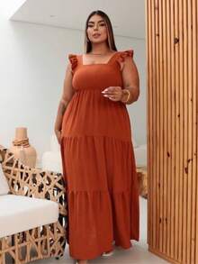 Vestido longo plus size, com alça, babado três marias, latex nas costas, moda femenina, elegância, versátil, em tecido duna. - Laranja Queimado - Visão 2
