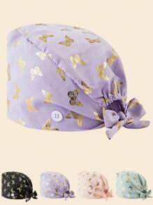 1pc Premium Polyester Material Butterfly Print Thermal Transfer Gold Design Scrub Cap, Anti-Bacterial And Dust-Proof, Elastic Back, Side Mask Hanging Buckle, Suitable For Doctors, Nurses, And All Hospital, Beauty Salon, And Veterinary Clinic Workers