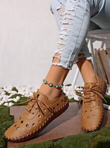 Women's Spring/Summer New Leather Flat Brown Casual Shoes, Hollow Design Round Toe Lace-Up Sandals, Breathable Comfortable Non-Slip