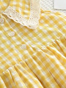 Young Girls Sweet And Cute Style Grid Print Woven Fabric Lace Trim Collar Tank Dress For Summer