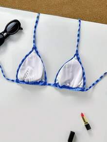 女士夏季条纹比基尼上衣，适合度假泳装 - 藍色 - 查看 4