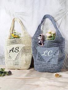 1pc Personalized Initial Letter Large Capacity Tote Bag, Customized Name Print Birthday Gift, Reusable Grocery Bag Suitable For Shopping, Holiday, Picnic, Travel - Multicolor - View 3