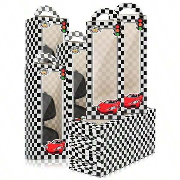 15/30pcs Car Racing Theme Gift Boxes, Handled Boxes, Window Boxes, Black & White Checkered Party Favor Boxes, Birthday Gift Bags, Car Themed Party Paper Boxes