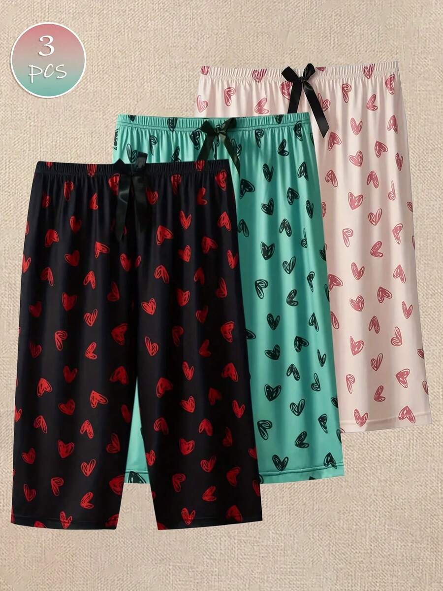 3 Pieces Of Women's Large Size Cropped Pants Love Pattern Summer Cool Comfortable Casual Pajama Pants Home Dress Pants Loose Can Be Worn Outside - 彩色 - 查看 1