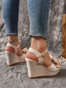Women's Bow Decor Rope Sole Sandals, Vacation Style Pink Wedge Heel Sandals, Summer - Beige - View 6