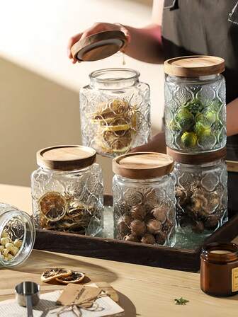 4pcs/Set Vintage Glass Kitchen Canister Jars With Wooden Lids, Airtight Sealing Jars For Cookies, Candy, Coffee, Tea, Coffee Beans, Cereal, Food Storage