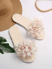 法式优雅柔软平底女士凉鞋，露趾花卉一脚蹬拖鞋，适合约会、日常、旅行、居家、休闲、海滩、夏季