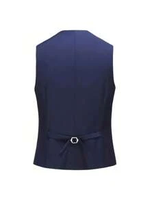 3pcs Men's Solid Color Long Sleeve Suit Jacket, Sleeveless Front Button Top, And Pants 3 PiecesSuit Set