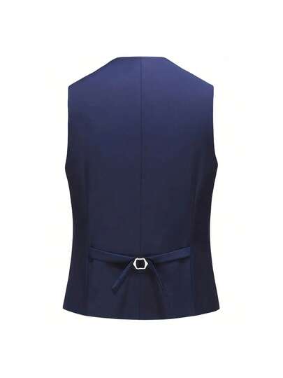 3pcs Men's Solid Color Long Sleeve Suit Jacket, Sleeveless Front Button Top, And Pants 3 PiecesSuit Set