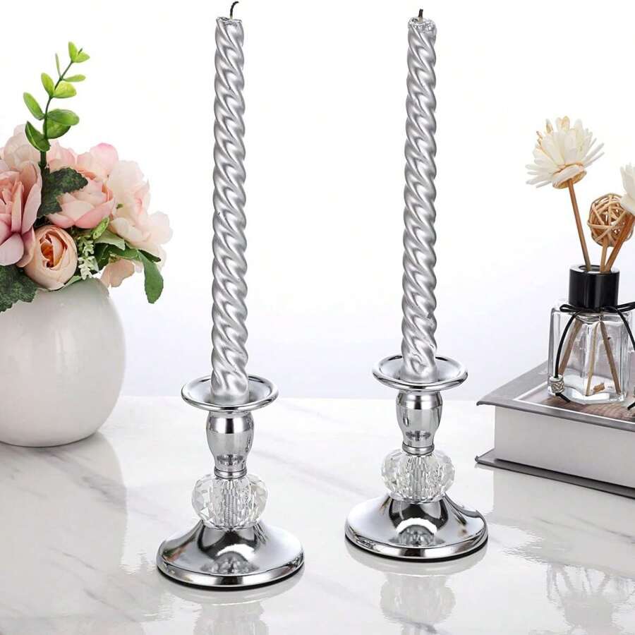2PCS Silver Metal Cone Candle Holder, Metal Crystal Candle Holder, Elegant Candle Holder Set, Dining Table Center Decoration, Fireplace Candle Decoration (Excluding Candles)