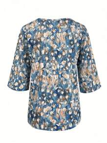 Floral Print V-Neck 3/4 Sleeve T-Shirt, Vacation & Daily Casual Women Apparel