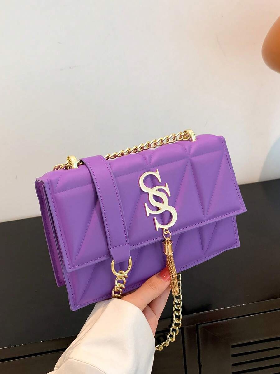 Fashion Plaid Quilted Metal Connector Flap Shoulder/Crossbody Bag For Women, Metal Tassel S Letter Decor, Versatile Commuter Tote, Small Square Bag , Purple - Purple - View 1