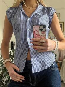 Women Plaid Shirt, Short Sleeve Button Closure Summer Tops Streetwear For Casual Daily