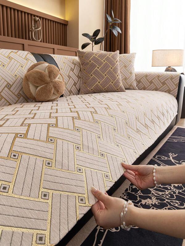 1 Stück beige Boho-Stil Velour Sofaüberwurf, luxuriöser dicker Samt Jacquard Diamantmuster rutschfeste Sofaunterlage, tierfreundlich, maschinenwaschbar, 4-Jahreszeiten Sofakissen für Schlafzimmer, Wohnzimmer, Büromöbel
