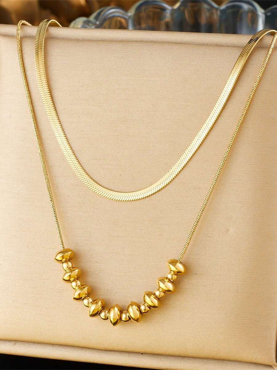 1pc Gold-Plated Punk Style Double Layer Geometric Beaded Necklace Chain - Gold - View 1