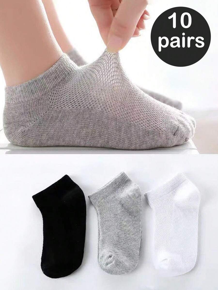 10 Pairs Kids Solid Black, White, Grey Mesh Breathable Short Ankle Socks, Spring/Summer Athletic College Style