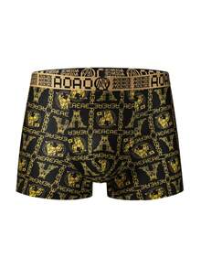 Random 1-Piece Set Of Men's Luxury Printed Flat Corner Underpants - Made Of Medium Stretch, Comfortable And Breathable Fabric, Fashionable English Elastic Waistband, Opaque, With Unique Pattern Design - Fashionable Casual Underwear, Quick Drying Sweat Absorbing Sports Style, Suitable For Everyone