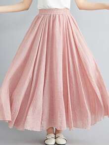 LUCIDVUE 1 件女式复古亚麻双层高腰裙，飘逸休闲优雅夏季毕业裙，纯色海滩度假 A 字裙 - 珊瑚粉 - 查看 6