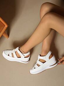 Women Platform Wedge Sport Sandals, Waterproof Closed Toe Gladiator Sandals, Fashion Hollow Chunky Sole Magic Tape Casual Shoes, Summer Elevator Comfort Sandals, Round Toe Soft Leisure Walking Shoes, Women Party Essential Comfy Wedge Sandals, Solid Color Thick Bottom Sandals For Ladies