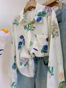 Women Floral Print Button Pocket Long Sleeve Shirt - Multicolor - View 3