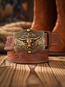 1 pieza Cinturón de estilo vaquero occidental bohemio unisex con hebilla con diseño de animal, marrón oscuro vintage, informal para todas las estaciones