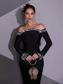 New Black Long Sleeved Off Shoulder Handmade Nail Bead Diamond Decoration Tight Fitting Slim Long Design Bandage Dress Elegant Wedding Bridesmaid Dress Guest Birthday Party Holiday Ball Ladies Formal Dinner Dress, Gown, For Evening
