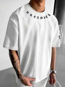 Camiseta de manga corta casual con cuello redondo para hombre, con estampado de letra y floral - Multicolor - Ver 1