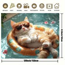 1 Fun Pool Cat Banner, Equipped With Fashionable Glasses And Inflatable Lifebuoys - A Magical Orange White Cat In The Water, Suitable For Indoor And Outdoor Activities, Courtyard And Garden Celebrations Decoration | Fun Patterns | High-Quality Background