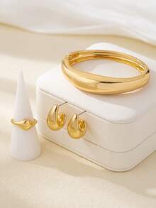 4pcs Thick Solid Gold Minimalist Geometric Water Drop Shiny Black Metal Fashion Jewelry Set Including Bracelet, Ring, Earrings, Elegant Everyday Accessories, Spring Design Open Bangles - As Shown - View 21