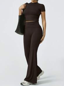 NcmRyu Damen Rundhals Figurformender Taillierter Weiter Ärmel & Hose Sport Anzug Set