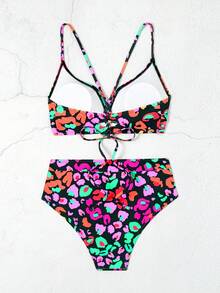 新款分体泳衣女，性感高腰数码印花比基尼两件套泳装，欧美跨境 - 橘色 - 查看 5