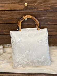 1 peça bolsa de mão de bambu retrô com decoração de borboletas e jacquard rosa, bolsa feminina elegante e moderna para viagens e lazer no verão - Branco - Ver 12