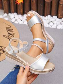 Women's Comfortable Wedge Thick Sole Sandals, Outdoor Vacation Style, Round Toe Slingback, Silver Color - Silver - View 2