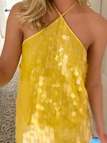 Women's Y2k Sequin Tank Tops Tie-Up Halter Neck Glitter Vests Summer Casual Sleeveless Backless Paty Tops Streetwear Clubwear - 黃色 - 查看 3