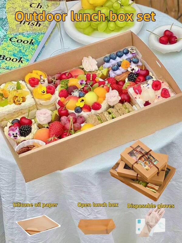 5/10 Pieces Outdoor Lunch Box Set - Kraft Paper Picnic Box + Disposable Gloves, With Lid, Transparent Window And Silicone Paper, Dessert Cake Box, Fruit Lunch Box. Suitable For Camping Party, Barbecue Party, Holiday Party Food Box/Wedding And Other Packaging Boxes, Disposable Snack And Dessert Gift Boxes, Multi-Functional Party And Wedding Service Containers, Kitchen Supplies, Kitchen Accessories, Barbecue Accessories