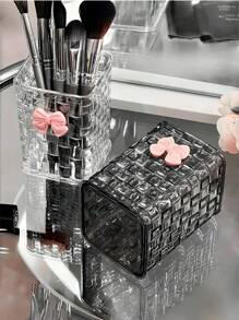 1 pièce Boîte de rangement de bureau transparente avec nœud papillon rose décoratif, porte-stylo et étui de rangement, idéale pour les fournitures de retour à l'école, le bureau, le dortoir, le maquillage, les soins de la peau et les essentiels de bureau