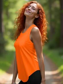 Orange Women Sports Tank Top With Wide Shoulder Cut And Rounded Hem Delivers Vibrant Style Ideal For Hiking Gym Sessions And Group Class Activewear - Orange - View 7