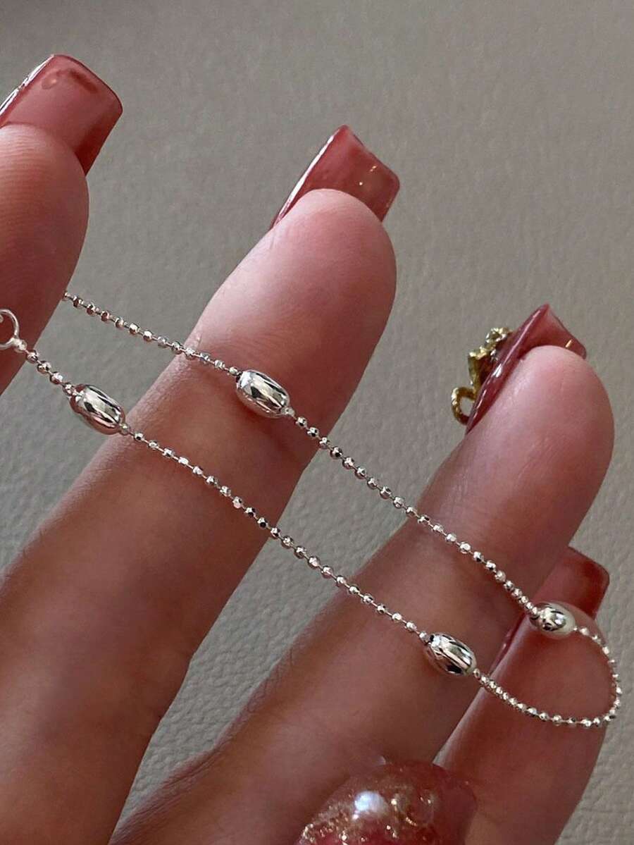 1pc S925 Sterling Silver Simple Geometric Rugby Shaped Chain Bracelet, Suitable For Daily Wear Women - Silver - View 1