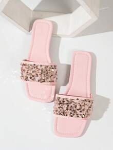 Stylish Women Flat Sandals, Square Toe Slip-On, Sequin Embellished, Versatile Wear For Spring And Summer - Pink - View 3