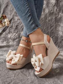 Women's Bow Decor Rope Sole Sandals, Vacation Style Pink Wedge Heel Sandals, Summer - Beige - View 4