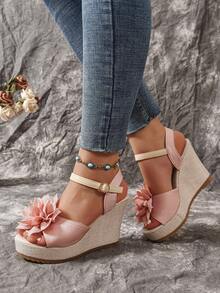 Women's Bow Decor Espadrille Wedge Sandals, Summer Resort Style, Pink - Pink - View 4