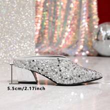 Pointed Toe Silver Sequin Material Mule Slippers, V-Cut Mid Heel Sexy Party Pumps, Versatile Vintage Grandmother Style High Heel Shoes For Women