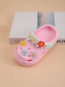 1 Pair White Round Toe Floral Decor Princess Style EVA Soft Material, Waterproof Anti-Slip Lightweight Breathable Flat Baby Sandals, Suitable For Summer Beach & Outdoor