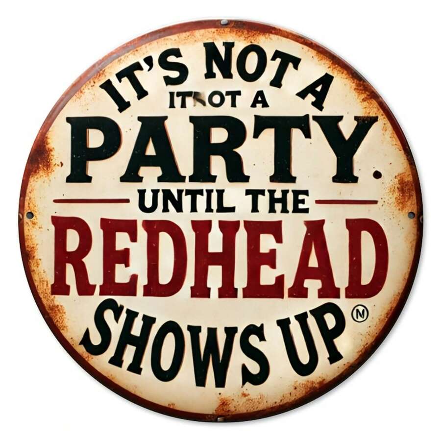 1 miếng nghệ thuật treo tường 2D - "Không phải tiệc tùng cho đến khi cô nàng tóc đỏ xuất hiện" Biển kim loại tròn cổ điển - Trang trí nhà để xe, quầy bar, nhà bếp vui nhộn, thích hợp cho gia đình, bạn bè và sinh nhật - Trang trí tường 7,8 inch x 7,8 inch, trang trí ngày lễ | Nghệ thuật treo tường cổ điển | Trang trí tường bền, nghệ thuật treo tường Giáng sinh, trang trí phòng, lỗ gắn ngẫu nhiên