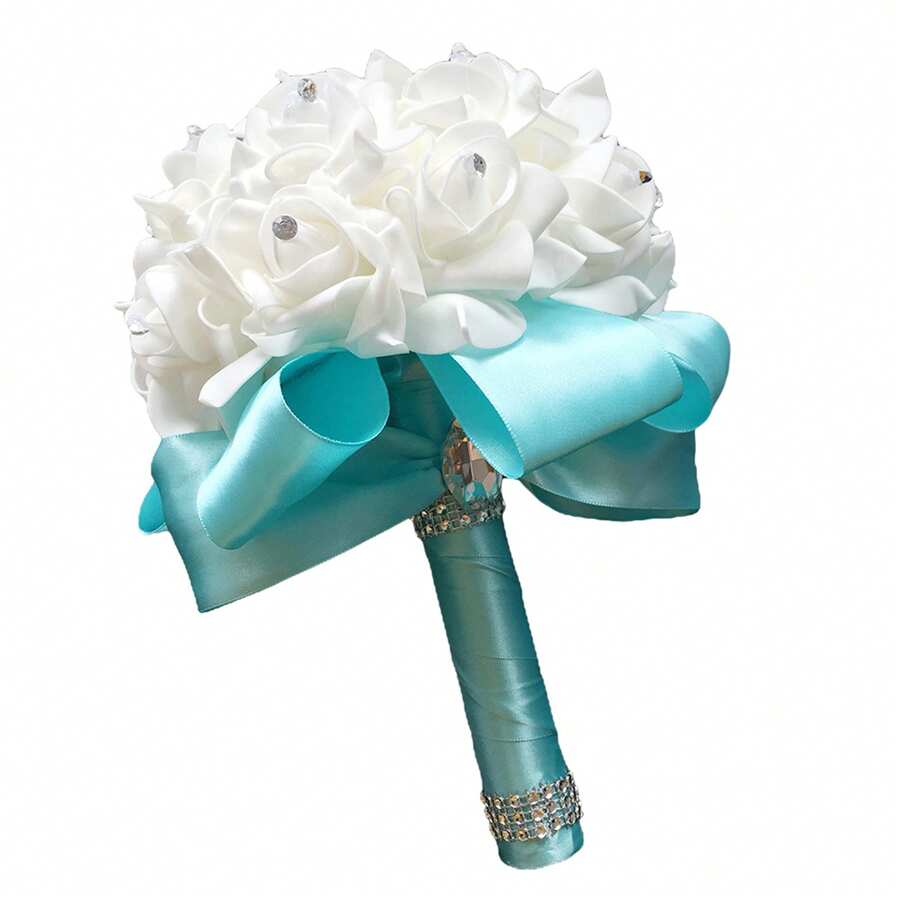 Artificial Wedding Bride Bouquet Handheld Bridesmaid Flower With Ribbon - Baby Blue - View 1