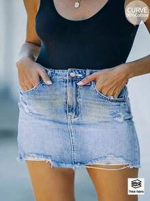 女士不对称破洞牛仔裙，时尚百搭，适合夏季休闲穿着 - 淺色水洗藍 - 查看 7