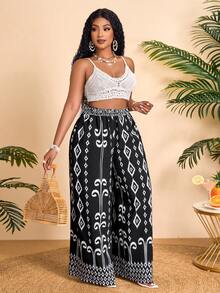 BIUBIU Women's Summer Plus Size Fashion Tropical Pattern Loose Pocket Wide-Leg Trousers For Vacation Leisure (Random Print) - Black and White Flower - View 4