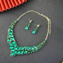 1 套女士珠宝套装，项链和耳环，镶嵌水钻，时尚优雅奢华，适合新娘、婚礼、正式场合、派对