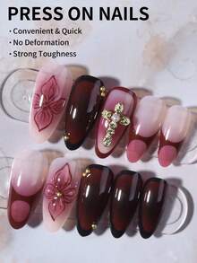 24 件长杏仁 3D 凝胶指甲制作花朵指甲设计法式尖头按压指甲中号三维合金十字架装饰仿珍珠设计完美贴合亚克力假指甲套装，包括：1 件果冻胶和 1 件指甲锉，法式杏仁尖头指甲适合女士女孩日常工作节日派对使用美甲用品指甲 - 彩色 - 查看 3